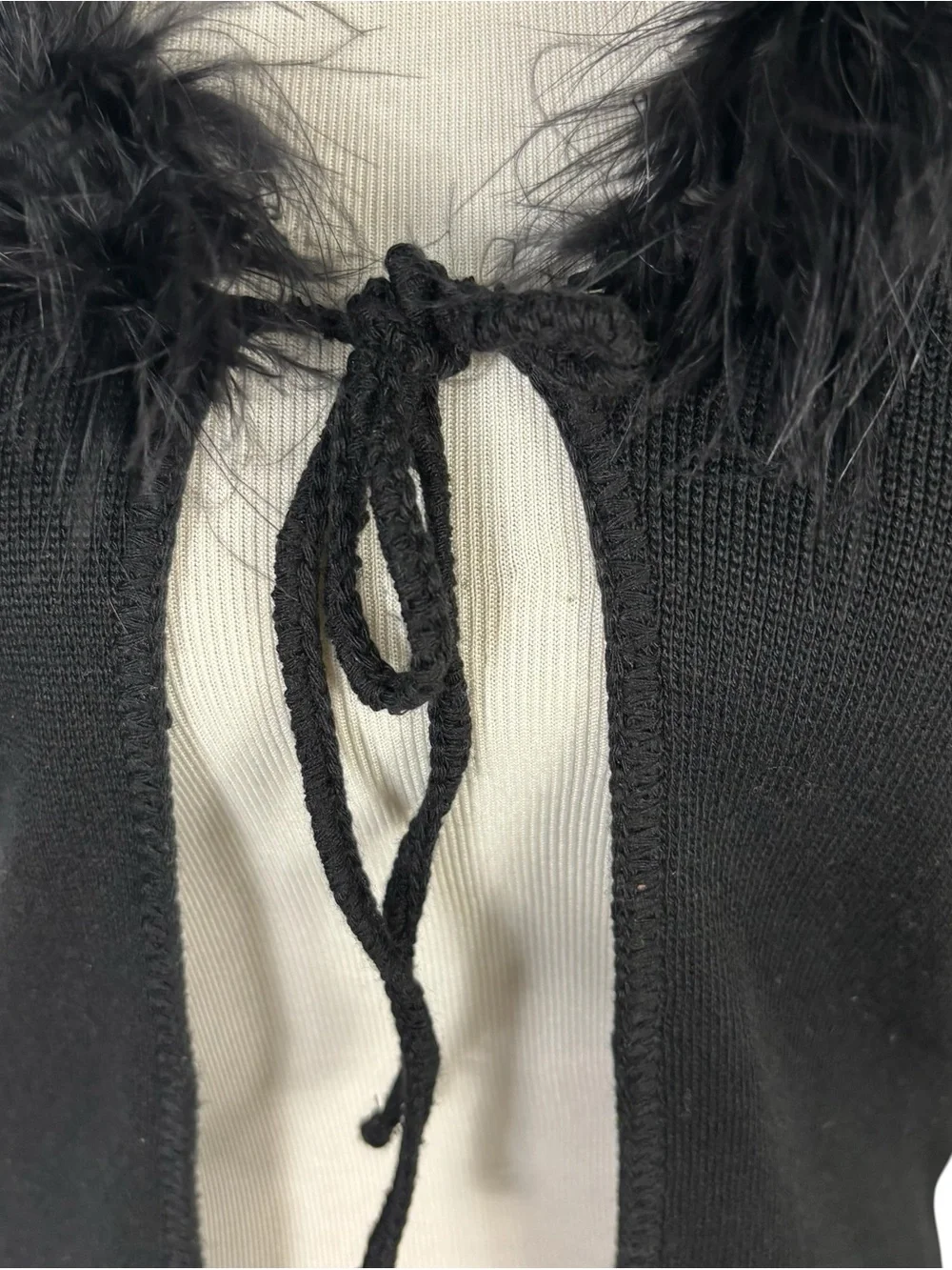 Vintage 90s Y2K Cardigan Sweater Top Black Feather Trim Grunge Punk Anime Sz M